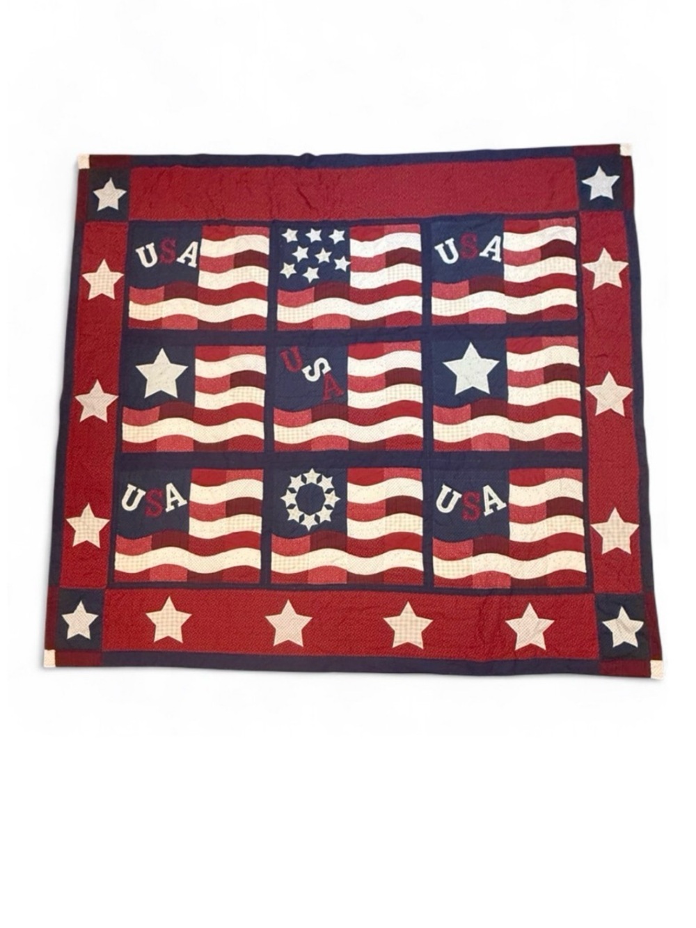 Handmade Patchwork American Flag Quilt 105x92 USA Red White Blue July 4th Throw
